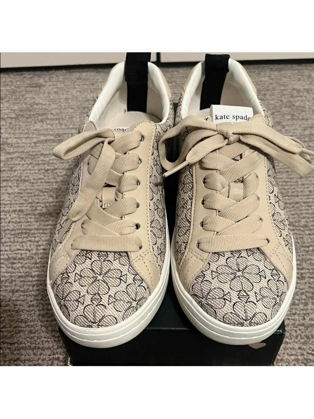 Kate Spade Cream and Black Spade Flower Lace-Up Sneakers - Size 7.5